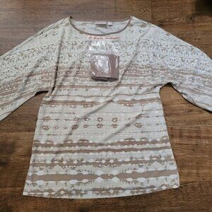 New Kim Gravel Top Blouse Size Small Beige Brown Tie dye Geometric Print Qvc